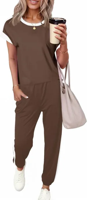 Dokotoo Women's 2 Piece Outfits Sweatsuit Colorblock Comfy Lounge Sets Knit Short Sleeve Jogger Sweatpants Tracksuits