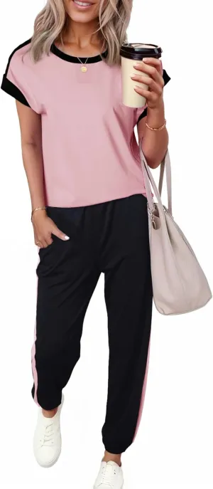 Dokotoo Women's 2 Piece Outfits Sweatsuit Colorblock Comfy Lounge Sets Knit Short Sleeve Jogger Sweatpants Tracksuits