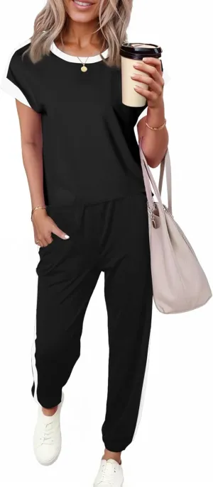Dokotoo Women's 2 Piece Outfits Sweatsuit Colorblock Comfy Lounge Sets Knit Short Sleeve Jogger Sweatpants Tracksuits
