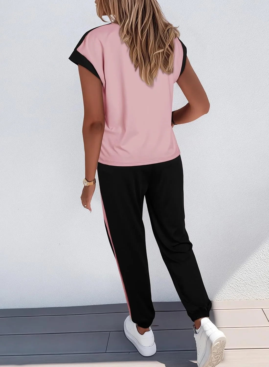 Dokotoo Women's 2 Piece Outfits Sweatsuit Colorblock Comfy Lounge Sets Knit Short Sleeve Jogger Sweatpants Tracksuits
