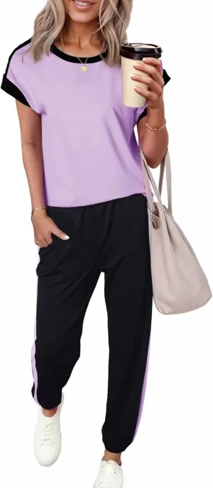 Dokotoo Women's 2 Piece Outfits Sweatsuit Colorblock Comfy Lounge Sets Knit Short Sleeve Jogger Sweatpants Tracksuits
