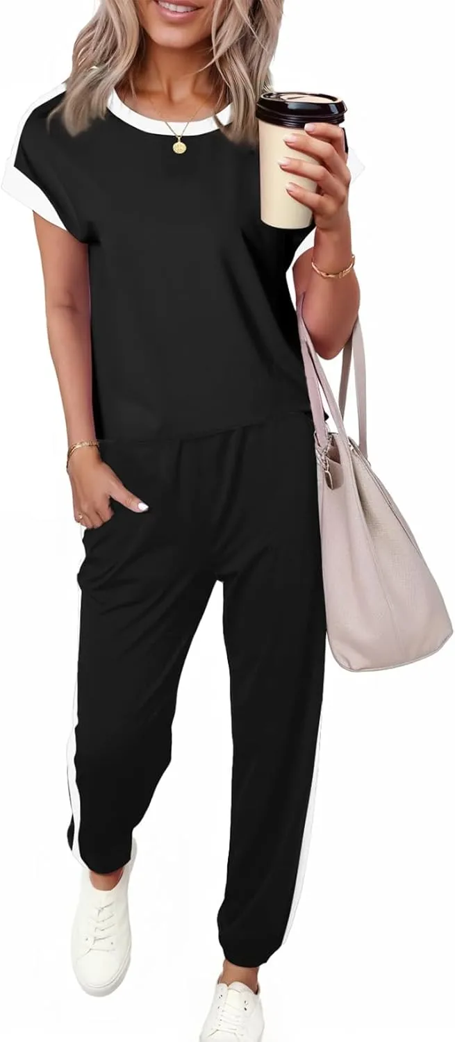 Dokotoo Women's 2 Piece Outfits Sweatsuit Colorblock Comfy Lounge Sets Knit Short Sleeve Jogger Sweatpants Tracksuits