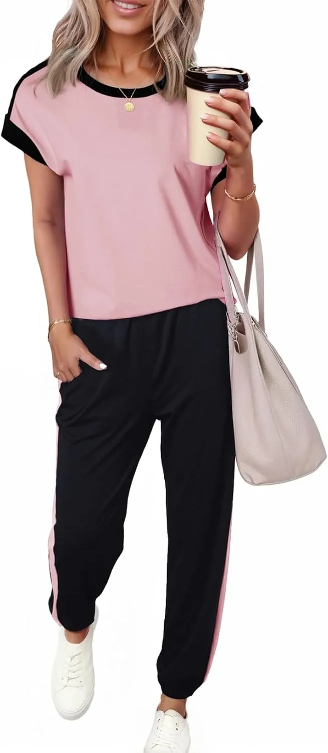 Dokotoo Women's 2 Piece Outfits Sweatsuit Colorblock Comfy Lounge Sets Knit Short Sleeve Jogger Sweatpants Tracksuits