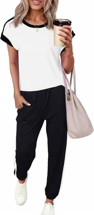 Dokotoo Women's 2 Piece Outfits Sweatsuit Colorblock Comfy Lounge Sets Knit Short Sleeve Jogger Sweatpants Tracksuits