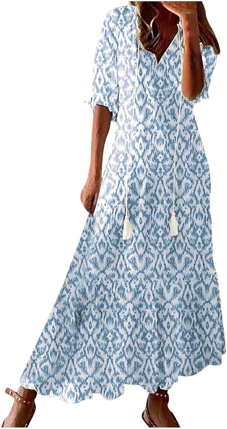 Dresses for Women 2025 Loose Floral Half Sleeve V Neck Maxi Dress Drawstring Long Flowy Dress Flowy Boho Beach Dresses