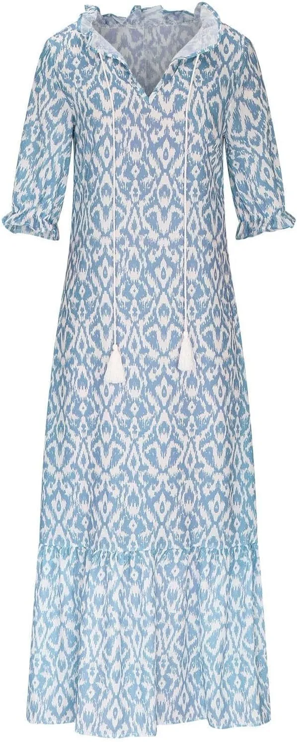 Dresses for Women 2025 Loose Floral Half Sleeve V Neck Maxi Dress Drawstring Long Flowy Dress Flowy Boho Beach Dresses