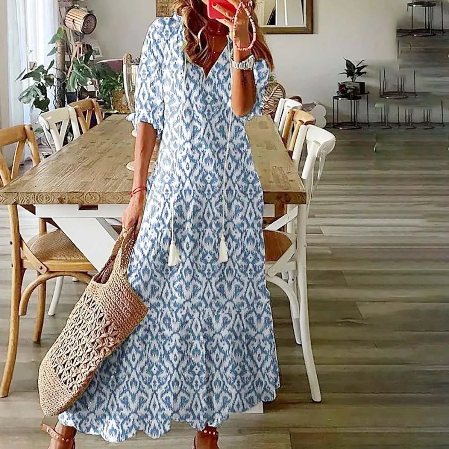 Dresses for Women 2025 Loose Floral Half Sleeve V Neck Maxi Dress Drawstring Long Flowy Dress Flowy Boho Beach Dresses