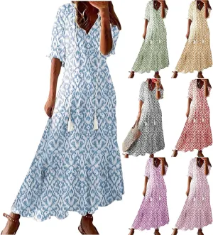 Dresses for Women 2025 Loose Floral Half Sleeve V Neck Maxi Dress Drawstring Long Flowy Dress Flowy Boho Beach Dresses