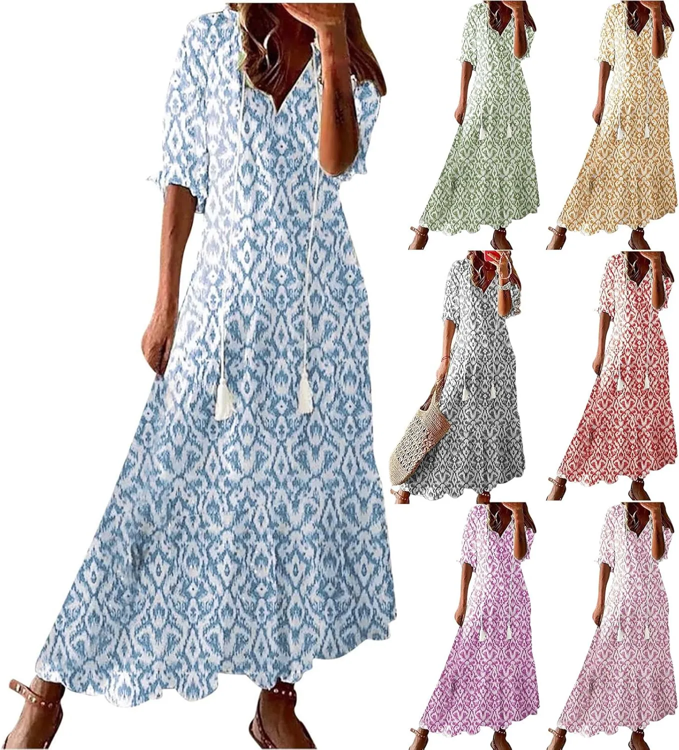 Dresses for Women 2025 Loose Floral Half Sleeve V Neck Maxi Dress Drawstring Long Flowy Dress Flowy Boho Beach Dresses