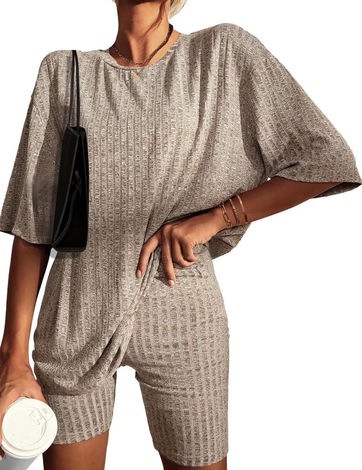 Ekouaer 2 Piece Lounge Set Women Ribbed Knit Oversized Shirts Biker Shorts Airport Outfits Track Suits