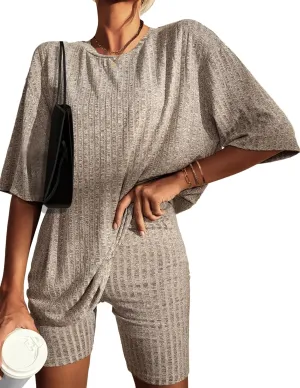 Ekouaer 2 Piece Lounge Set Women Ribbed Knit Oversized Shirts Biker Shorts Airport Outfits Track Suits
