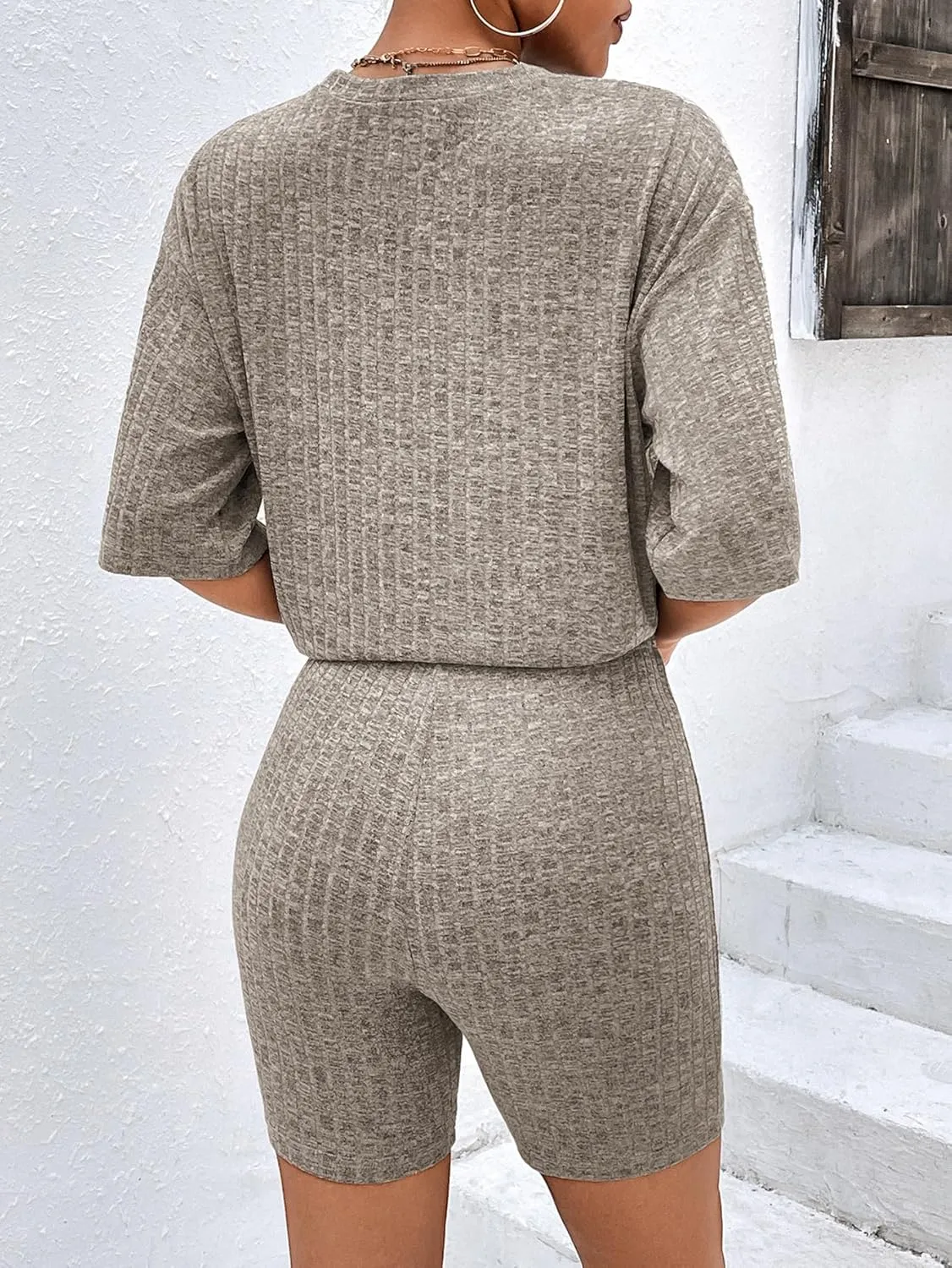 Ekouaer 2 Piece Lounge Set Women Ribbed Knit Oversized Shirts Biker Shorts Airport Outfits Track Suits