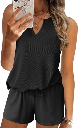Ekouaer Ribbed 2 Piece Lounge Sets Sleeveless Pajama Tank and Shorts Set Summer Pjs Loungewear Matching Outfits for Women