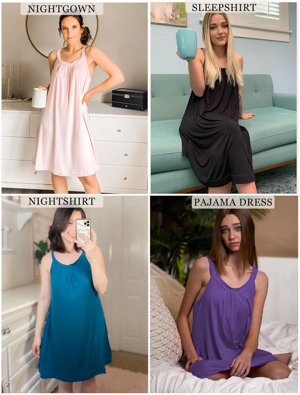 Ekouaer Women's Nightgown Sleeveless Sleepwear Wide Strap Sleep Shirt Pleated Scoopneck Nightshirt S-XXXL