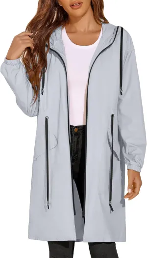 ELESOL Women Rain Jacket Waterproof Long Rain Coats Hooded Windbreaker Lightweight Raincoats Travel Hooded Trench Coats S-3XL