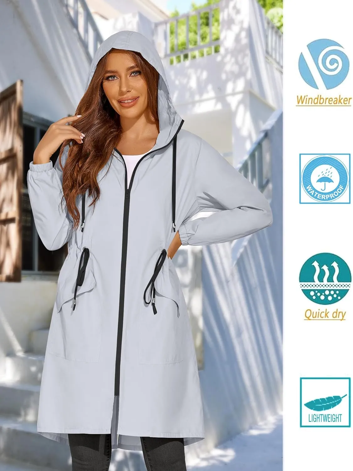 ELESOL Women Rain Jacket Waterproof Long Rain Coats Hooded Windbreaker Lightweight Raincoats Travel Hooded Trench Coats S-3XL