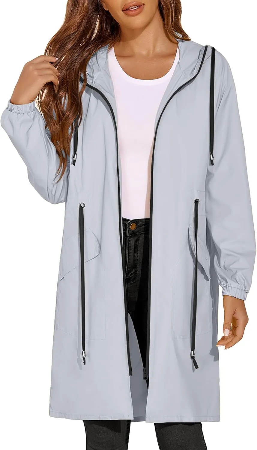 ELESOL Women Rain Jacket Waterproof Long Rain Coats Hooded Windbreaker Lightweight Raincoats Travel Hooded Trench Coats S-3XL