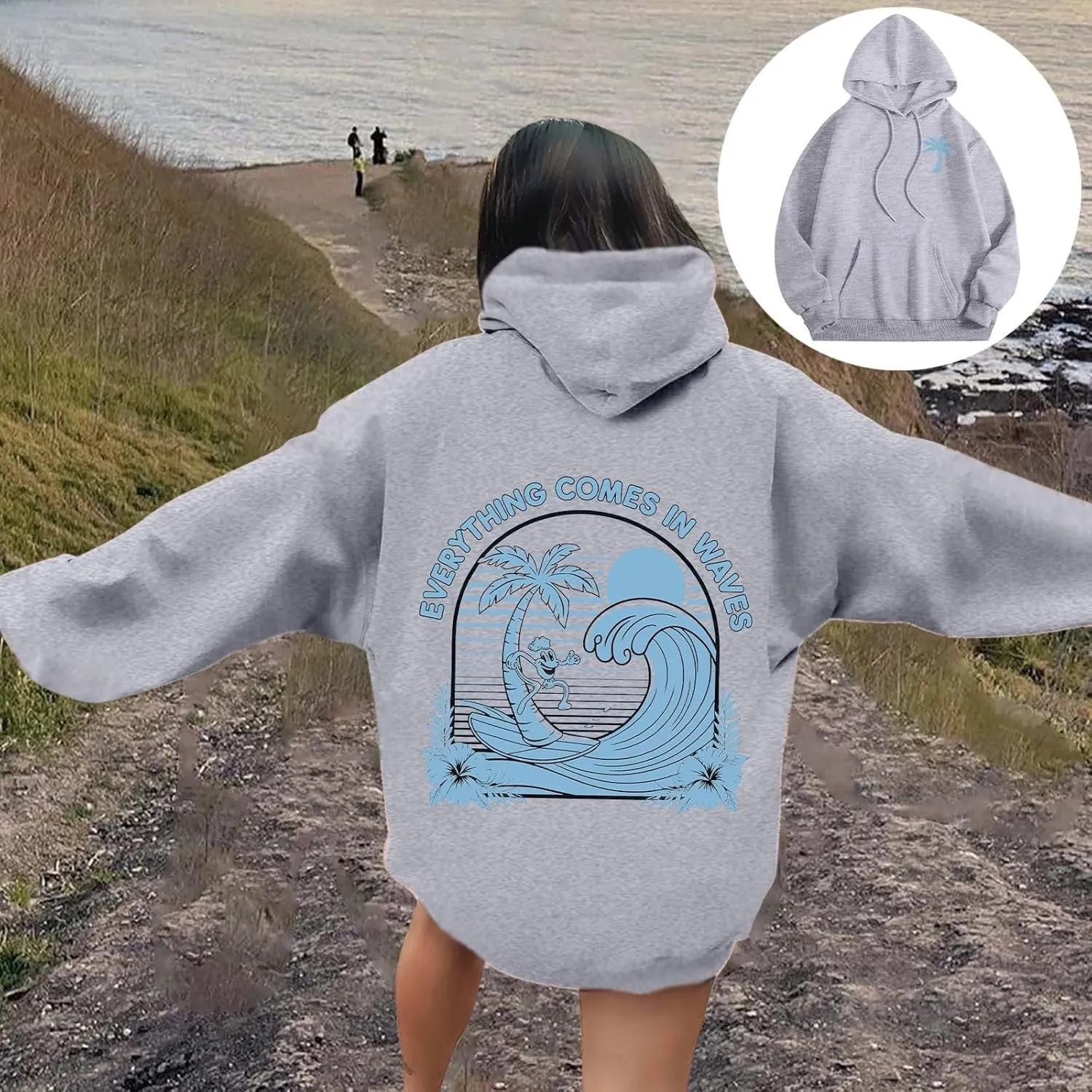 Everything Comes In Waves Sweatshirt For Women Long Sleeve Casual Sweatshirts Drawstring Pockets Comfort Fashion Hoodies