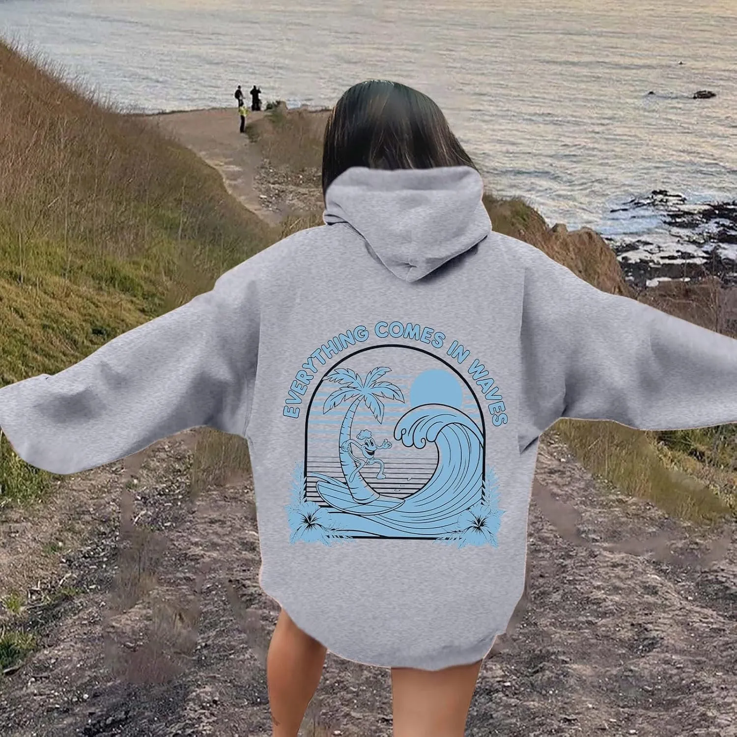 Everything Comes In Waves Sweatshirt For Women Long Sleeve Casual Sweatshirts Drawstring Pockets Comfort Fashion Hoodies