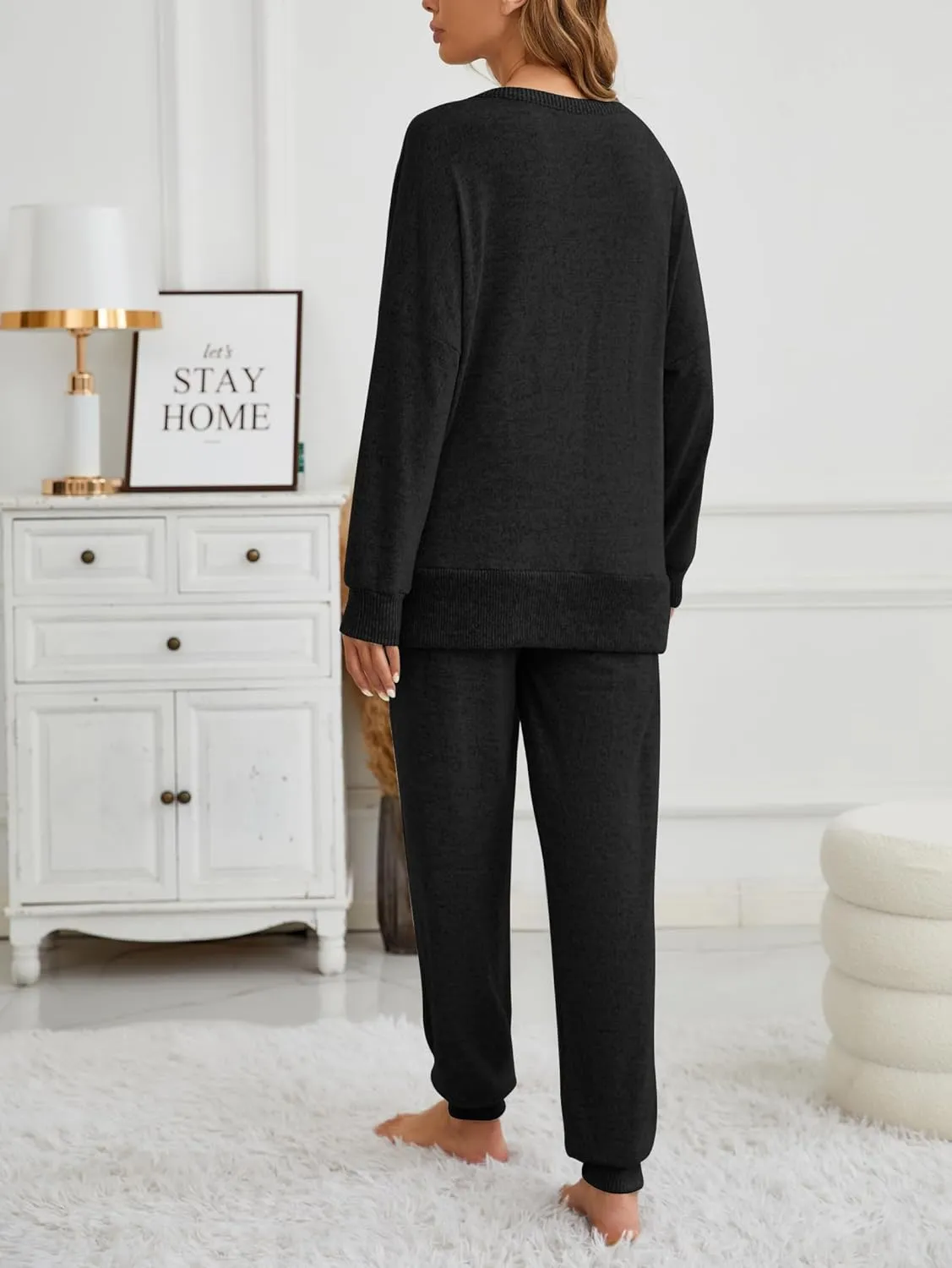 Famulily Women's 2 Piece Long Sleeve Side Split Ribbed Sweatshirt with Elastic Cuff Jogger Loose Lounge Sets