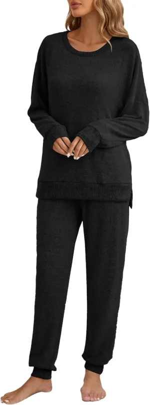 Famulily Women's 2 Piece Long Sleeve Side Split Ribbed Sweatshirt with Elastic Cuff Jogger Loose Lounge Sets