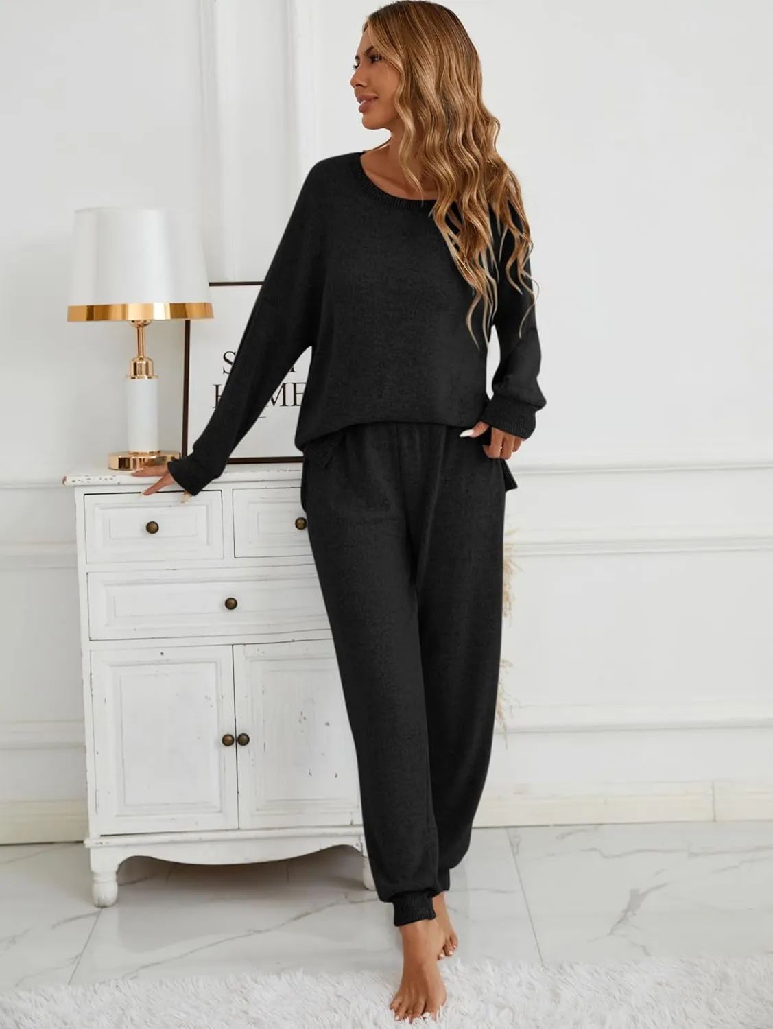 Famulily Women's 2 Piece Long Sleeve Side Split Ribbed Sweatshirt with Elastic Cuff Jogger Loose Lounge Sets
