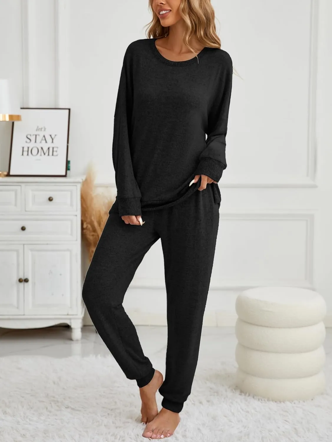 Famulily Women's 2 Piece Long Sleeve Side Split Ribbed Sweatshirt with Elastic Cuff Jogger Loose Lounge Sets