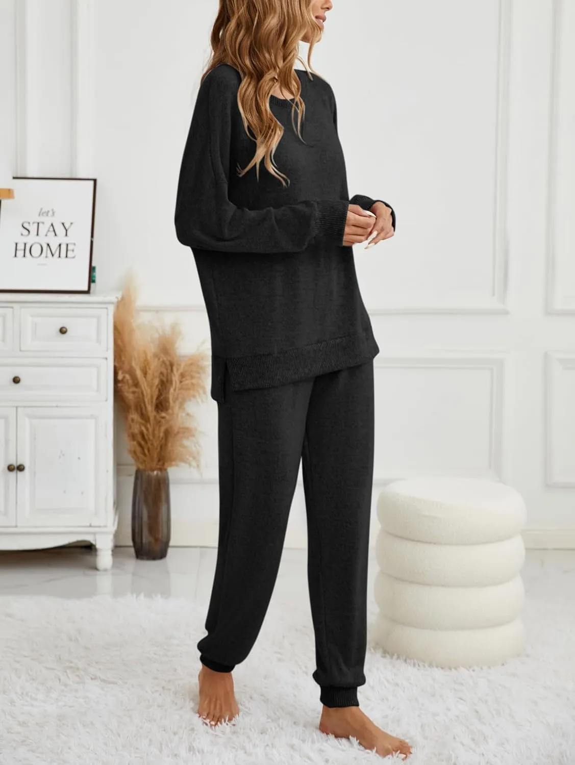 Famulily Women's 2 Piece Long Sleeve Side Split Ribbed Sweatshirt with Elastic Cuff Jogger Loose Lounge Sets