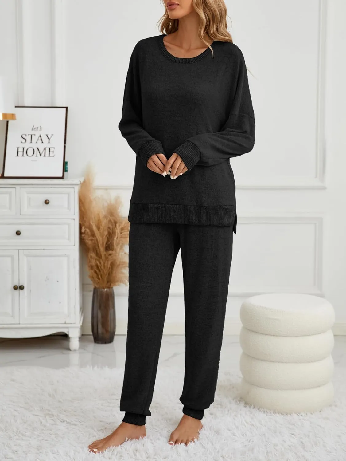Famulily Women's 2 Piece Long Sleeve Side Split Ribbed Sweatshirt with Elastic Cuff Jogger Loose Lounge Sets