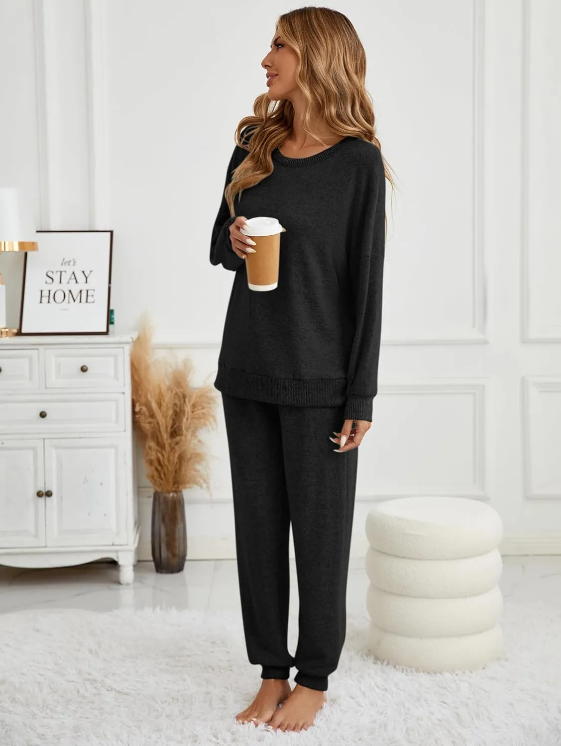 Famulily Women's 2 Piece Long Sleeve Side Split Ribbed Sweatshirt with Elastic Cuff Jogger Loose Lounge Sets