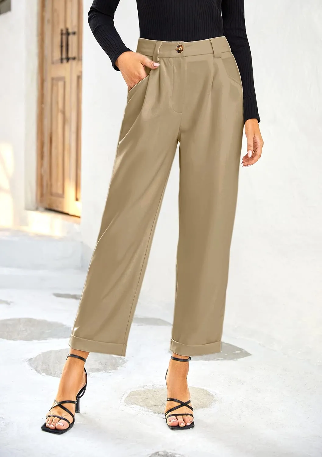 Febriajuce Women's Dress Pants Lightweight High Waist Straight Leg Office Work Pants Casual Travel Trousers with Pockets