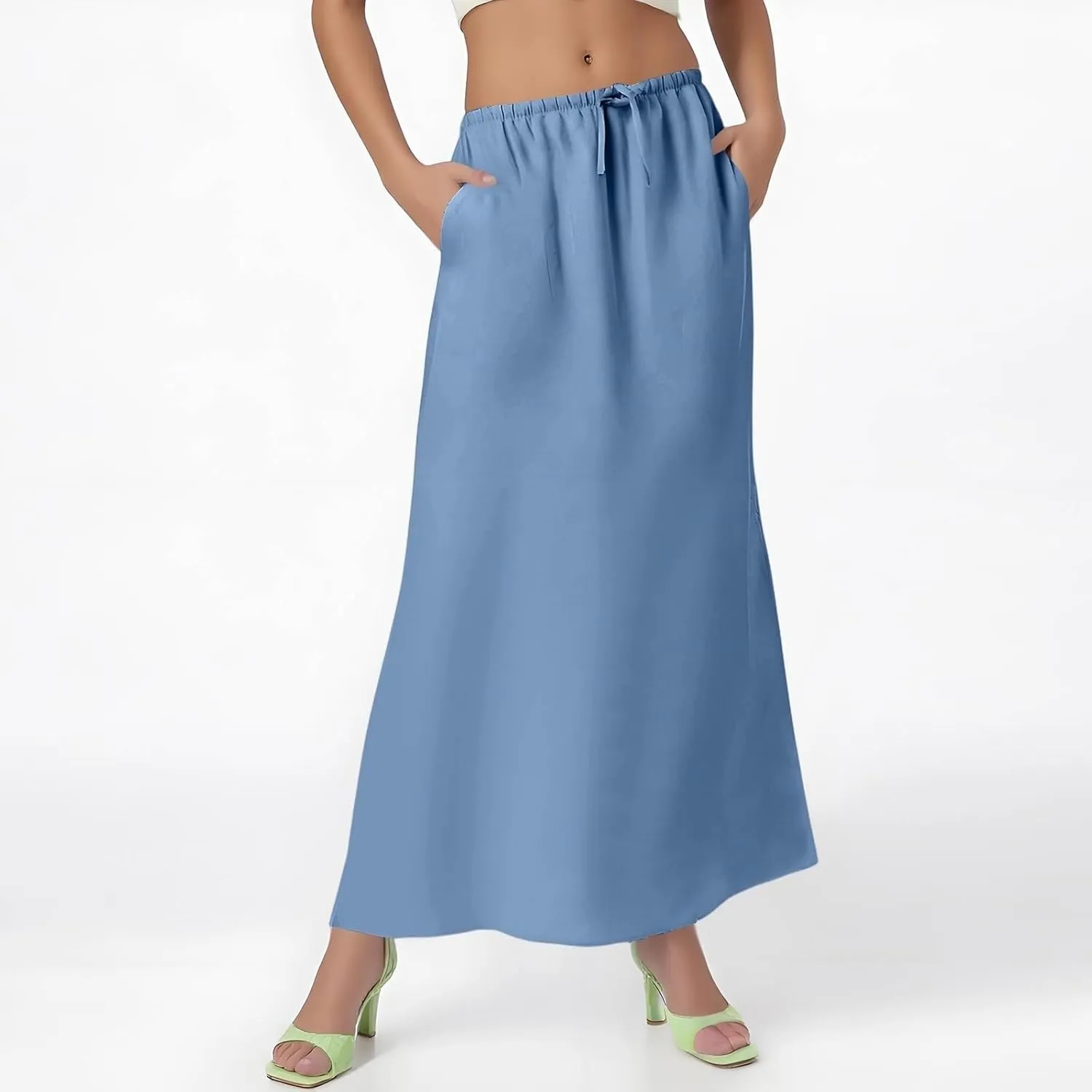 Flared Maxi Skirt for Women Summer Comfortable Drawstring High Waisted Skort Casual Solid Color A Line Beach Skirts