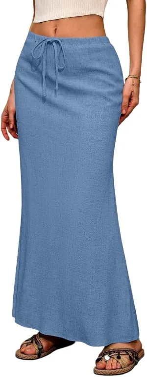 Flared Maxi Skirt for Women Summer Comfortable Drawstring High Waisted Skort Casual Solid Color A Line Beach Skirts