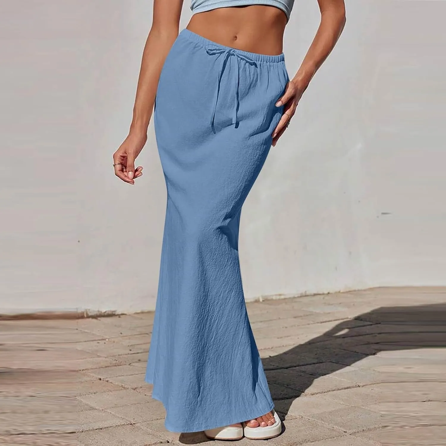 Flared Maxi Skirt for Women Summer Comfortable Drawstring High Waisted Skort Casual Solid Color A Line Beach Skirts