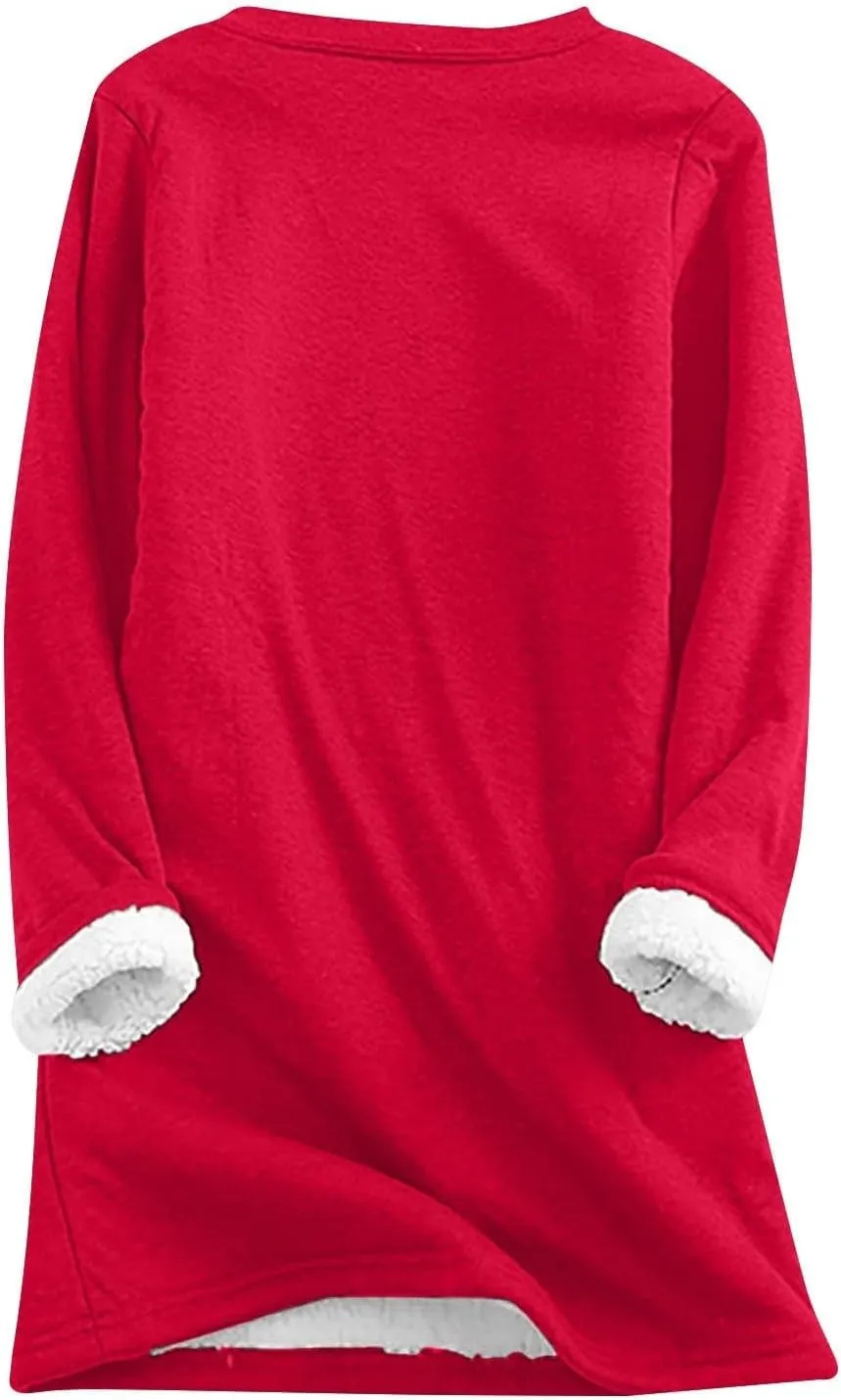Fleece Sweatshirts for Women Crewneck Thermal Shirts Fleece Tops Round Neck Long Sleeve Pullover Blouses