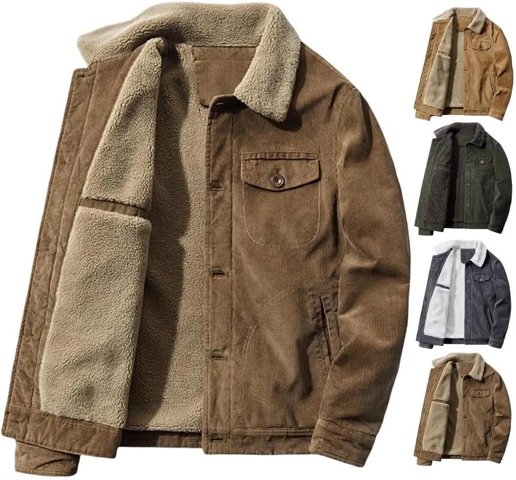 FMCHICO Men's Corduroy Jacket Fleece Sherpa Lined Winter Coats Warm Jacket Winter Thick Thermal Cargo Coat