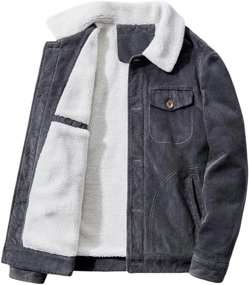 FMCHICO Men's Corduroy Jacket Fleece Sherpa Lined Winter Coats Warm Jacket Winter Thick Thermal Cargo Coat