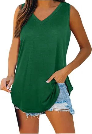 Generic Tank Tops for Women 2024 Summer V Neck Sleeveless Basic Tanks Loose Fit Flowy Shirts Casual Vacation Beach Blouses
