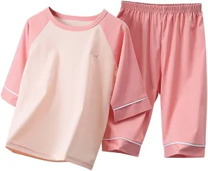Girls 𝐏ajamas Set Cute 3/4 Sleeve Patchwork Satin 𝗦leepwear Cotton Blend Pull on Soft 𝐏js Loun𝗴ewear for Tween Kids
