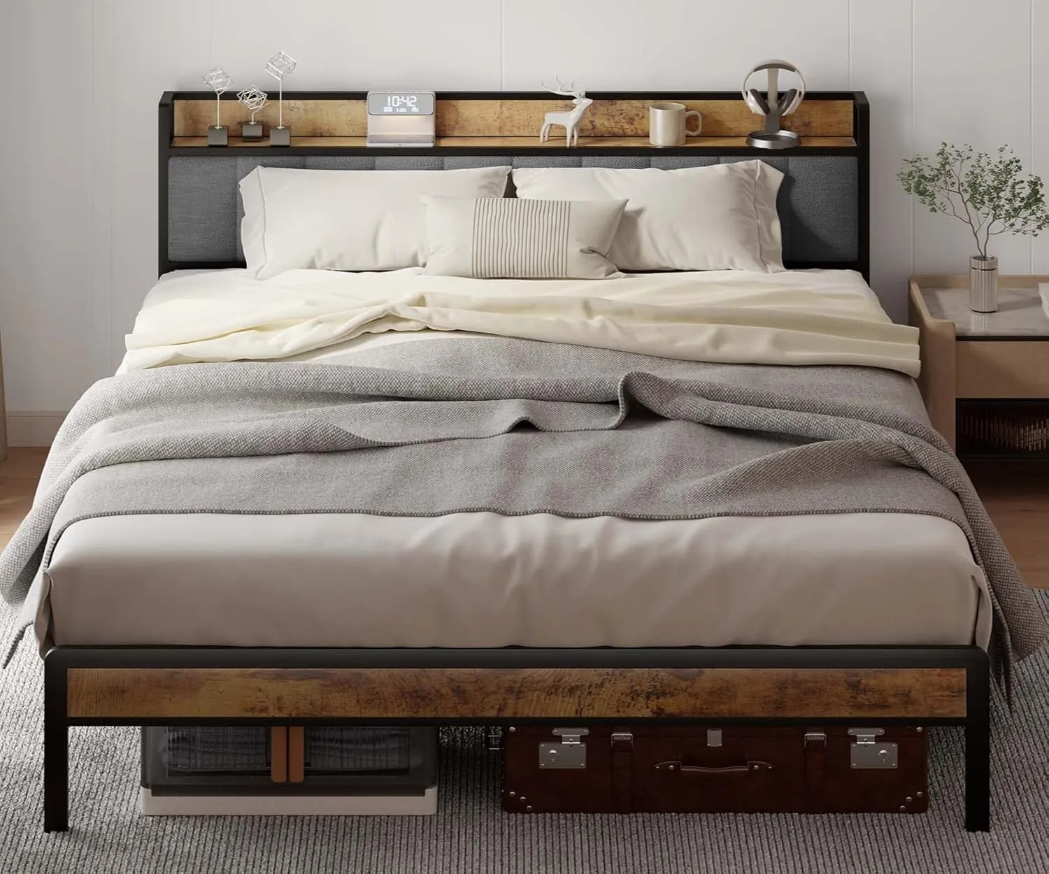 Gizoon Full Platform Bed Frame, Metal Bed Frame with Storage Headboard, Sturdy and Stable, Noise Free, No Box Spring Needed, Easy Assembly