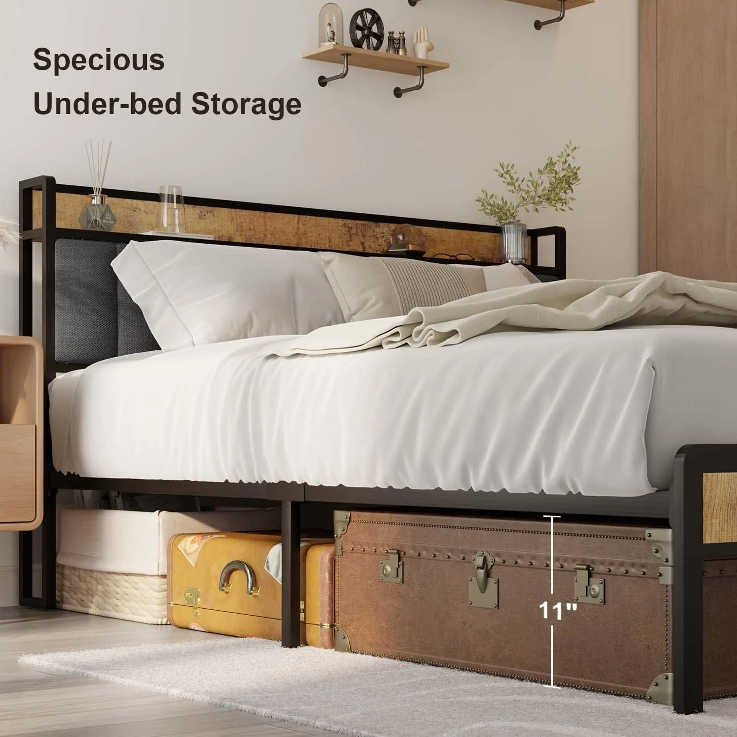 Gizoon Full Platform Bed Frame, Metal Bed Frame with Storage Headboard, Sturdy and Stable, Noise Free, No Box Spring Needed, Easy Assembly