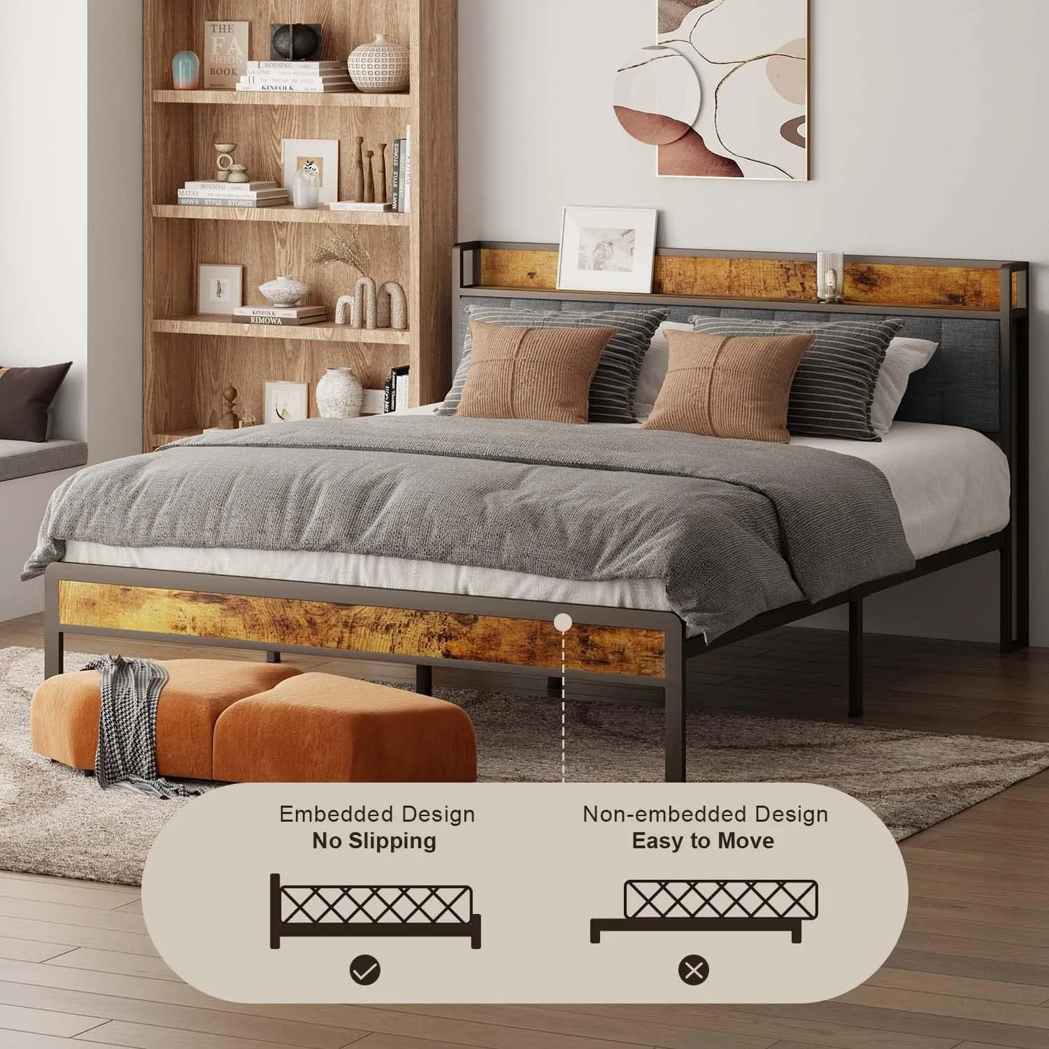 Gizoon Full Platform Bed Frame, Metal Bed Frame with Storage Headboard, Sturdy and Stable, Noise Free, No Box Spring Needed, Easy Assembly