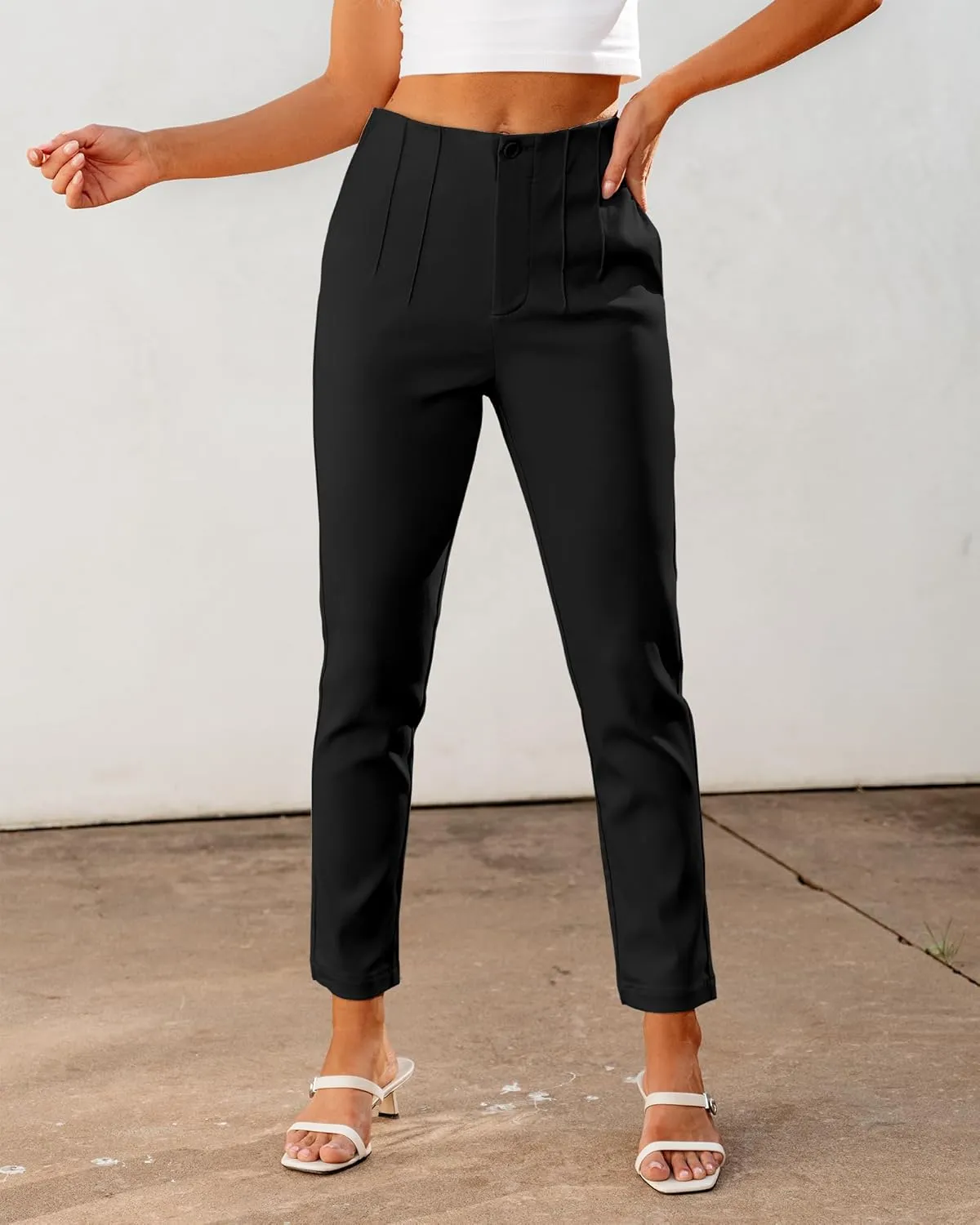 GRAPENT Cropped Pants for Women Dressy Casual High Waisted Pleated Pants Lightweight Stretch Slim Ankle Trousers Pants