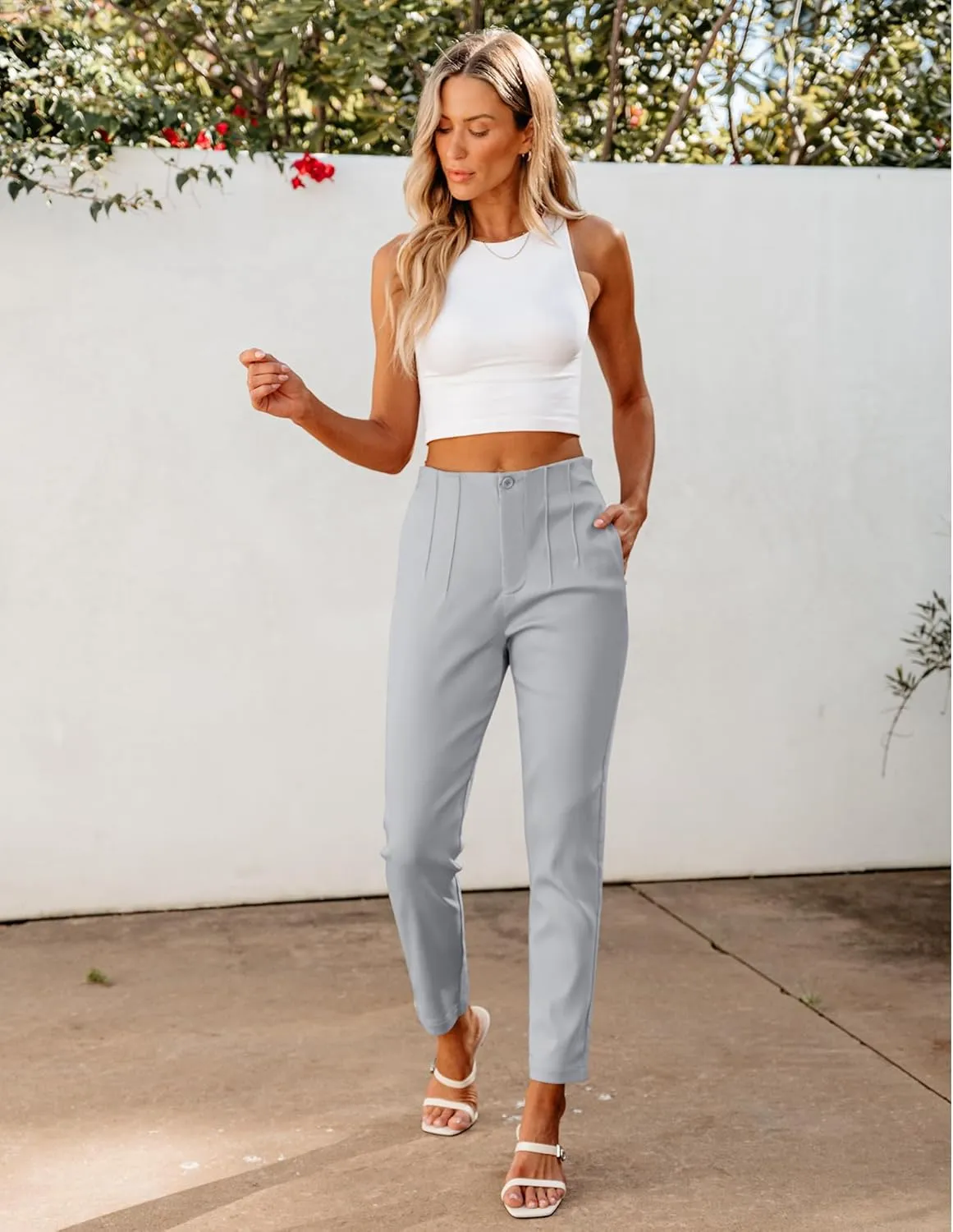 GRAPENT Cropped Pants for Women Dressy Casual High Waisted Pleated Pants Lightweight Stretch Slim Ankle Trousers Pants