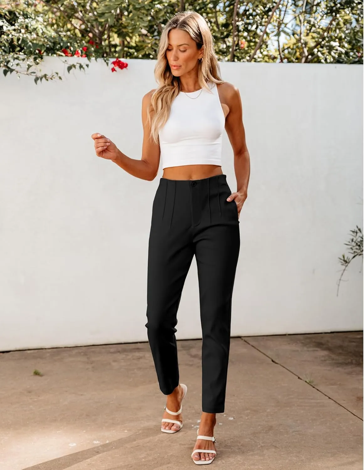 GRAPENT Cropped Pants for Women Dressy Casual High Waisted Pleated Pants Lightweight Stretch Slim Ankle Trousers Pants