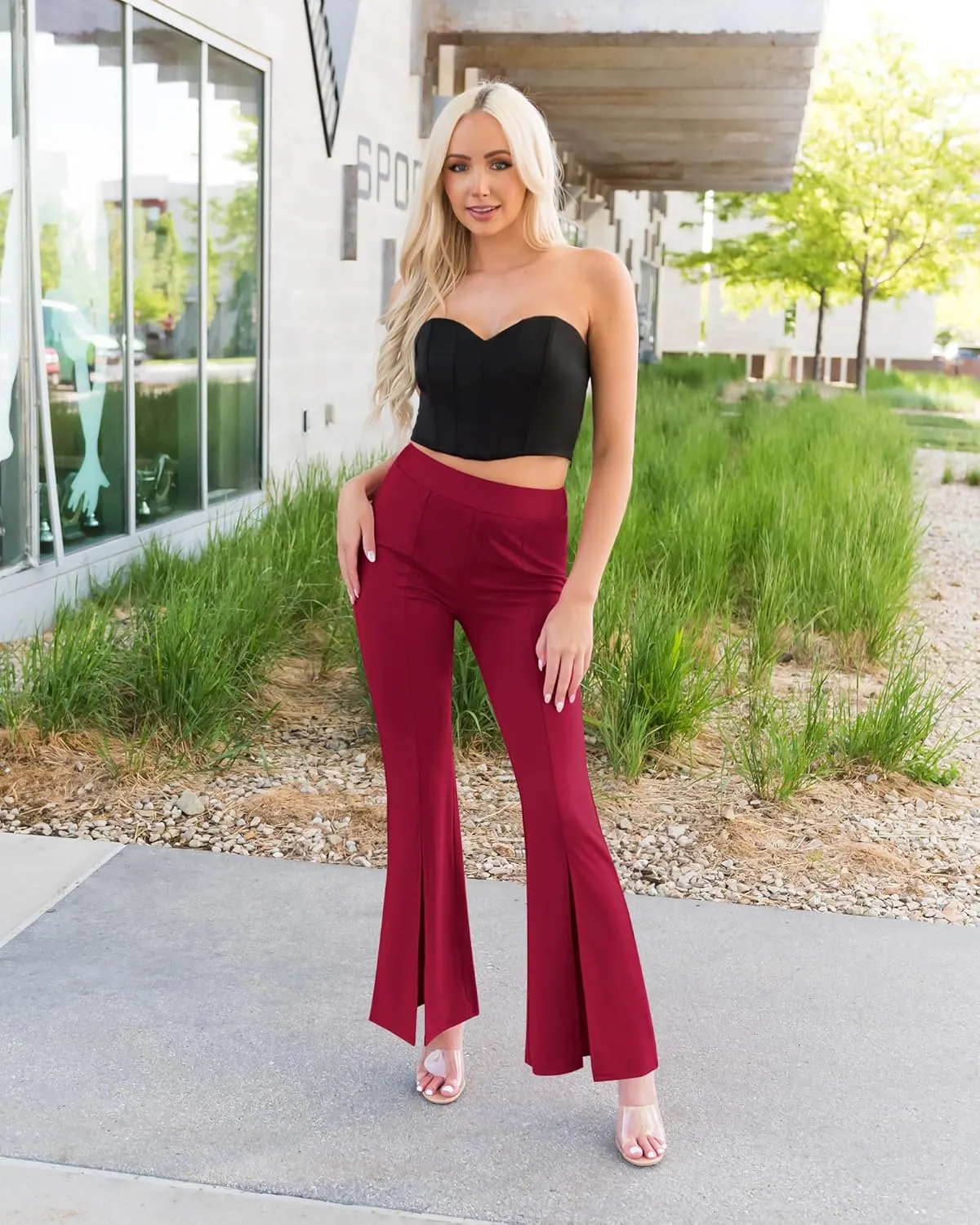 GRAPENT Dress Pants Wide Leg Pants for Women Flare Pants Pull On Business Casual Work Trousers Split Hem Slacks