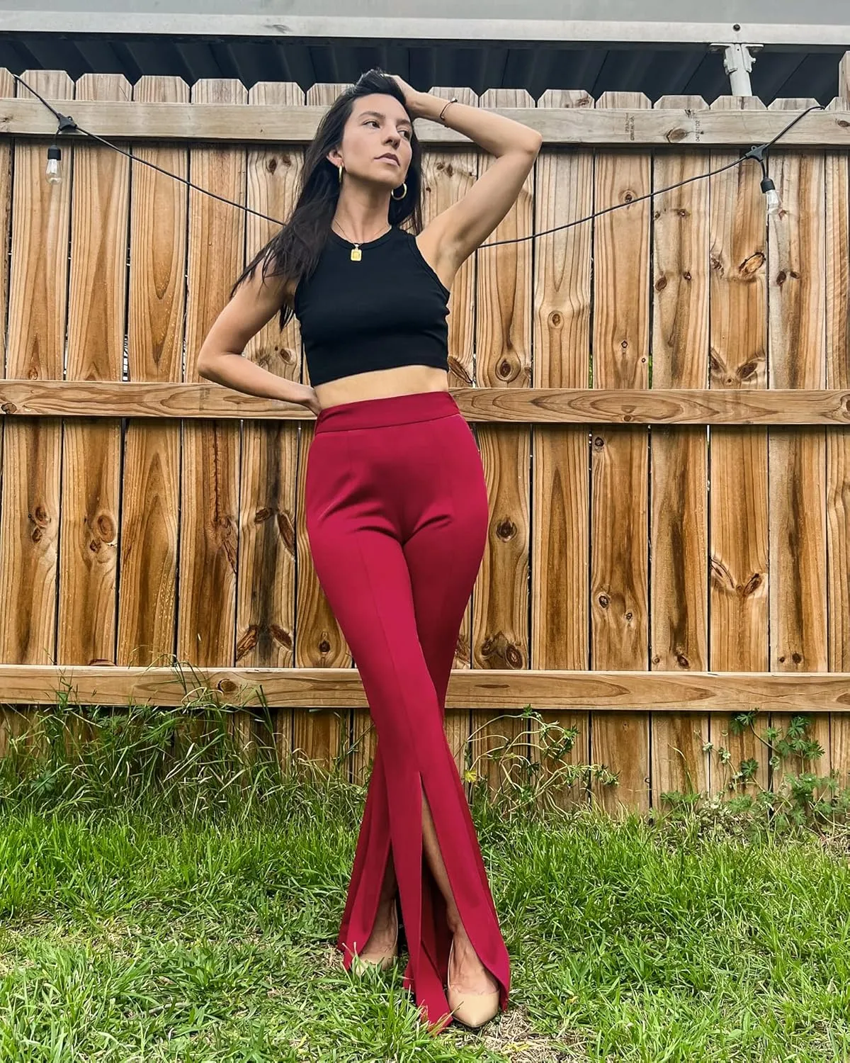 GRAPENT Dress Pants Wide Leg Pants for Women Flare Pants Pull On Business Casual Work Trousers Split Hem Slacks