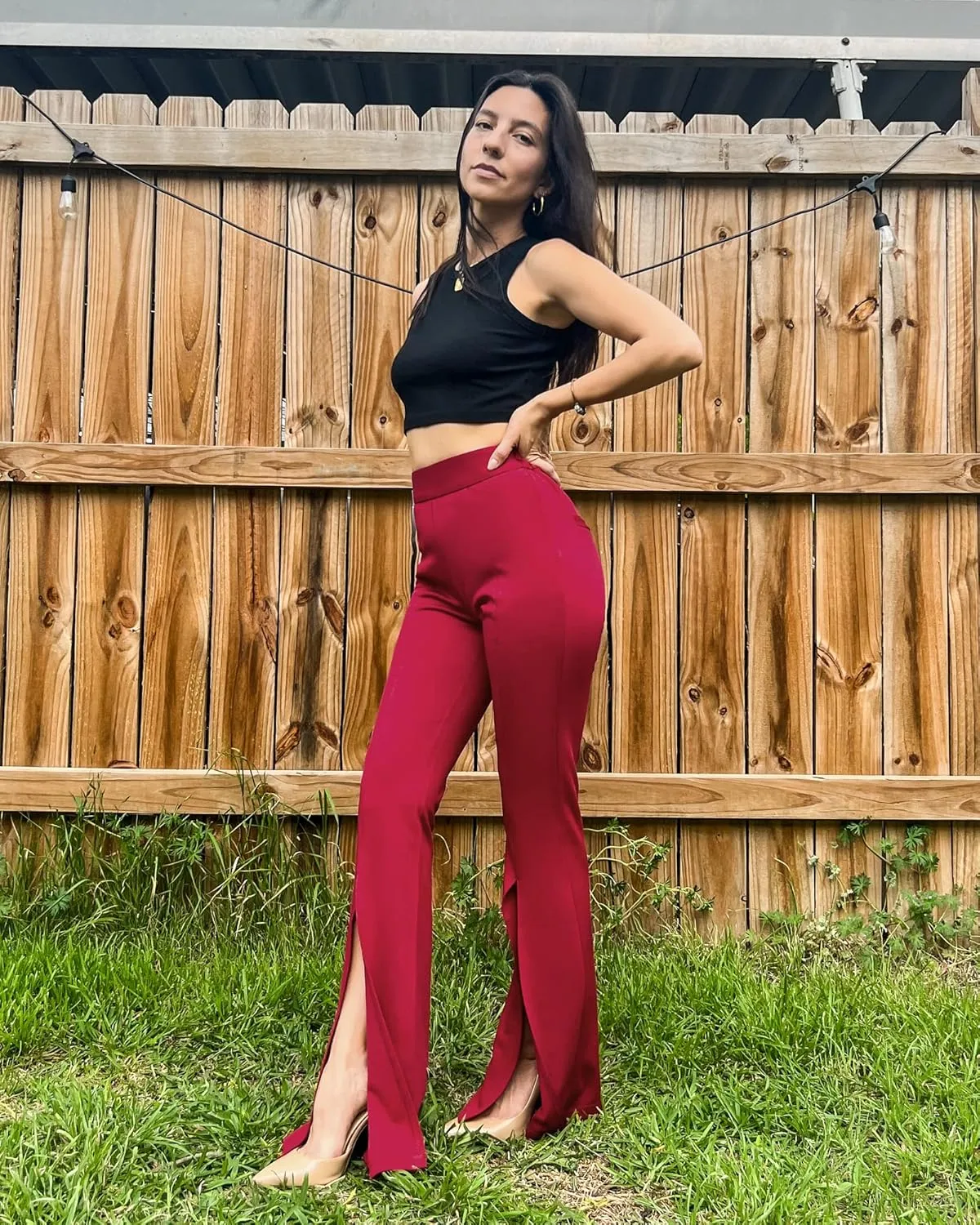 GRAPENT Dress Pants Wide Leg Pants for Women Flare Pants Pull On Business Casual Work Trousers Split Hem Slacks