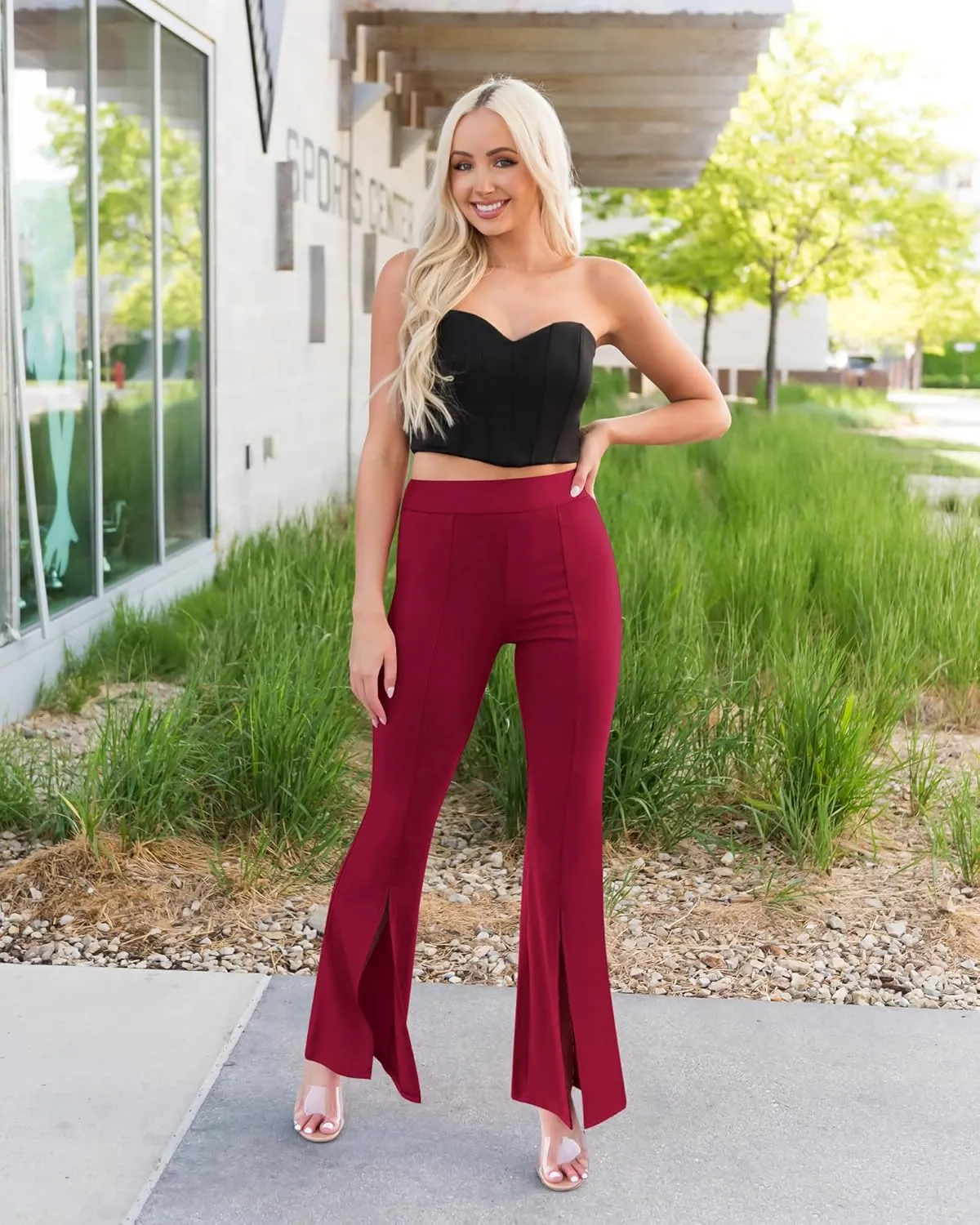 GRAPENT Dress Pants Wide Leg Pants for Women Flare Pants Pull On Business Casual Work Trousers Split Hem Slacks