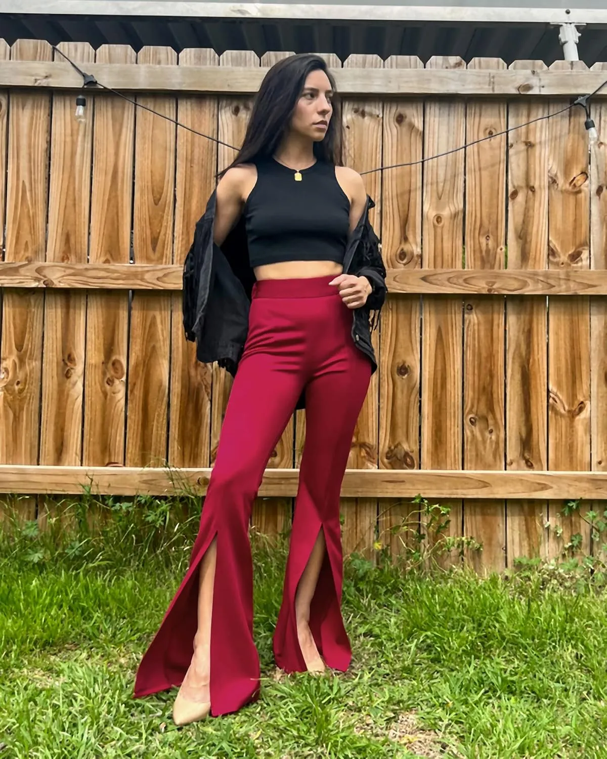 GRAPENT Dress Pants Wide Leg Pants for Women Flare Pants Pull On Business Casual Work Trousers Split Hem Slacks